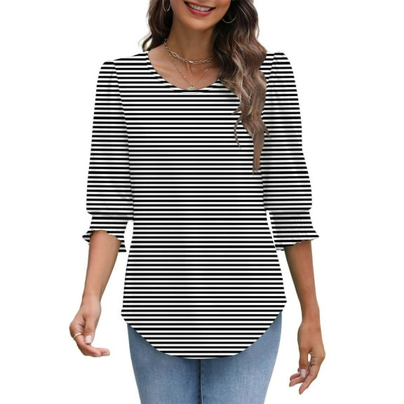 ShiShine Trendy Striped Color Block Blouses for Women Dressy Casual 3/4 Length Sleeve Curved Hem Tops Shirts with Smocked Cuff