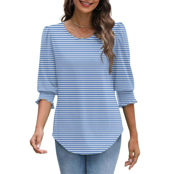 ShiShine Trendy Striped Color Block Blouses for Women Dressy Casual 3/4 Length Sleeve Curved Hem Tops Shirts with Smocked Cuff