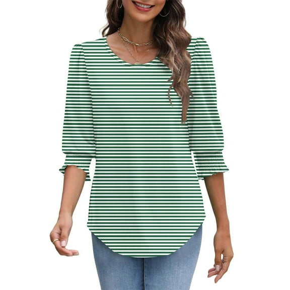ShiShine Trendy Striped Color Block Blouses for Women Dressy Casual 3/4 Length Sleeve Curved Hem Tops Shirts with Smocked Cuff