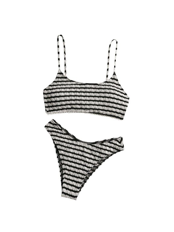 Two Piece Swimsuits for Women Striped Scoop Neck High Cut Ribbed Texture Athletic Pool Bikini Sets