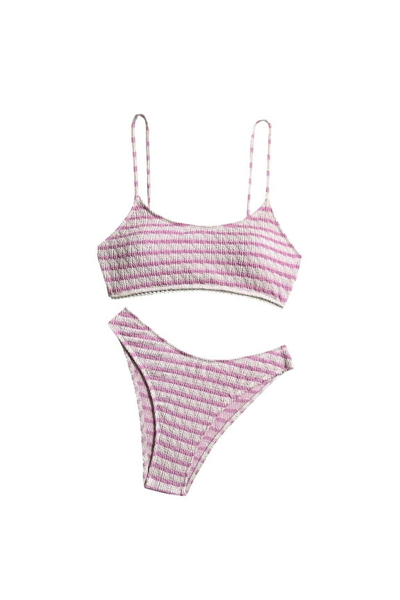 Two Piece Swimsuits for Women Striped Scoop Neck High Cut Ribbed Texture Athletic Pool Bikini Sets