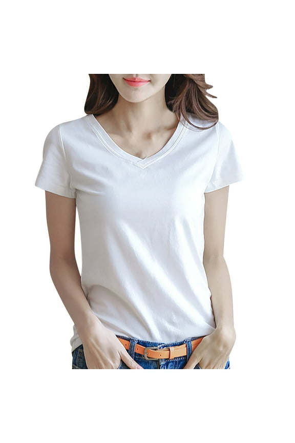 V Neck Short Sleeve T Shirts for Women Plain T-Shirt Basic Tees Solid Color Summer Casual Tops