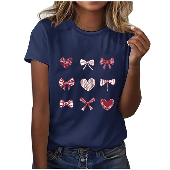 ShiShine Valentine's Day Shirt for Women Cute Heart Bow Graphic Tee Love Print T Shirt Casual Short Sleeve Tops