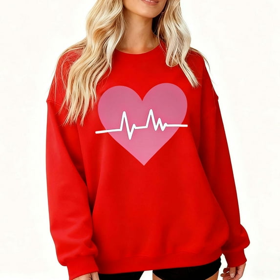 ShiShine Valentines Day Sweatshirt for Women Heartbeat Graphic Pullover Long Sleeve Cute Love Print Casual Tops