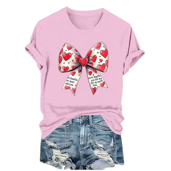 ShiShine Valentines Shirts for Women Cute Bow Graphic Shirt Blouse Short Sleeve Crewneck Casual Hearts Tops