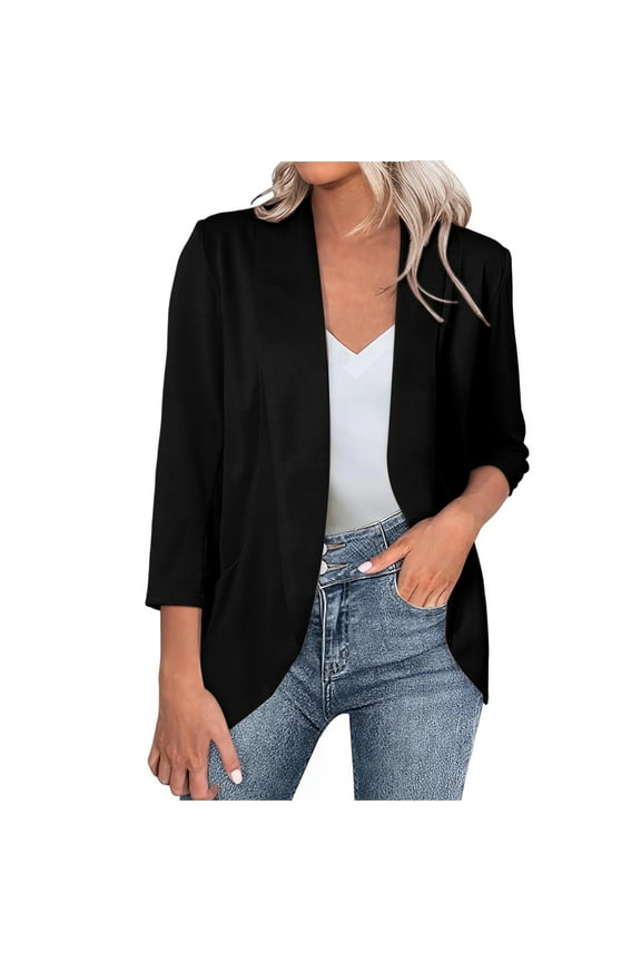 Women 3/4 Sleeve Blazer Open Front Cardigan Jacket Work Office Blazer
