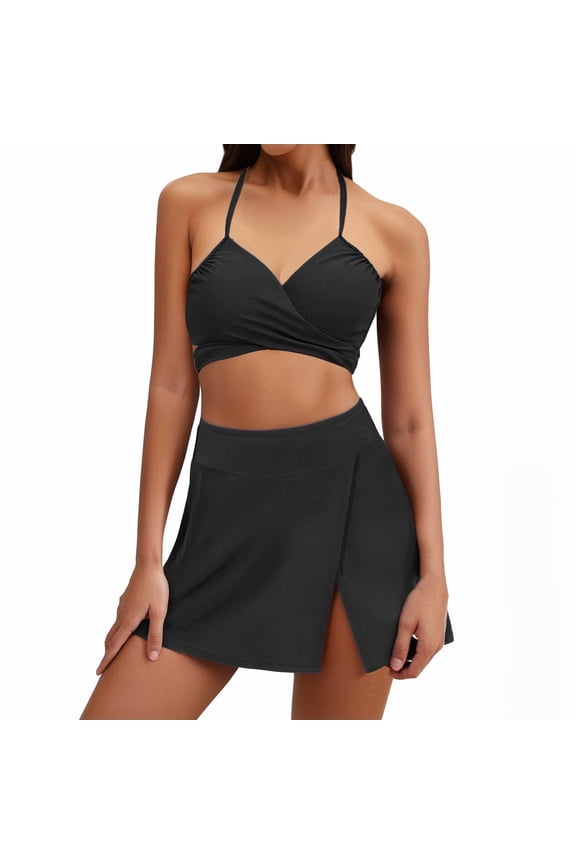 Women's 2 Piece Halter Bikini Set with High Waist Skirt Swimsuit Wrap V Neck Bathing Suit