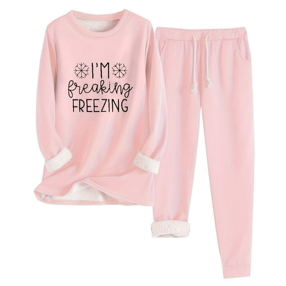 ShiShine Women's 2 Piece Sweatshirt Set Letter Print Plush Crewneck Long Sleeve Tops and Pants Winter Warm Casual Sets