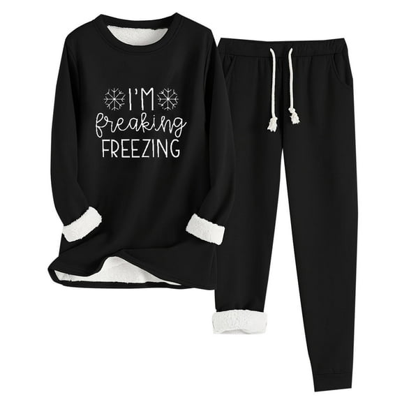 ShiShine Women's 2 Piece Sweatshirt Set Letter Print Plush Crewneck Long Sleeve Tops and Pants Winter Warm Casual Sets