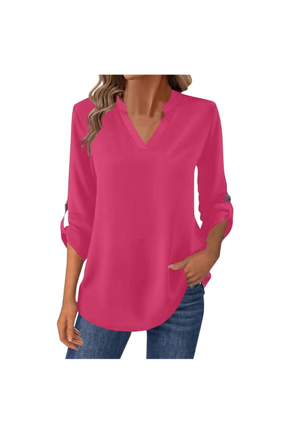 Women's 3/4 Length Rolled Sleeve Tunic Tops Collared V Neck T Shirts Buttons Blouses