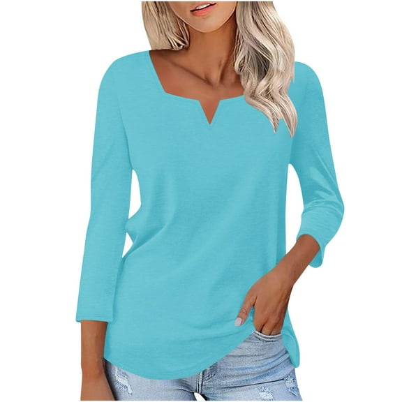 ShiShine Women's 3/4 Length Sleeve Tops Square V Notched Neck Shirts Solid Color Casual Blouses