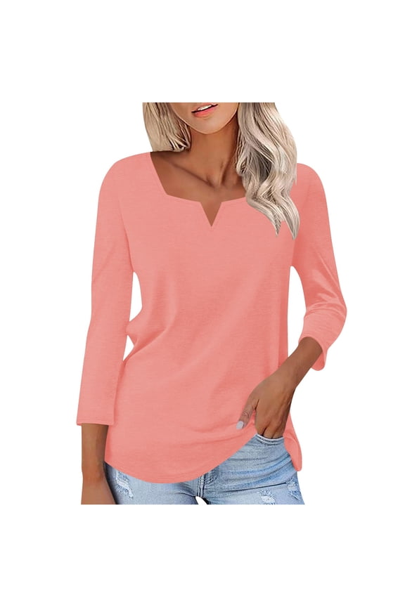 Women's 3/4 Length Sleeve Tops Square V Notched Neck Shirts Solid Color Casual Blouses