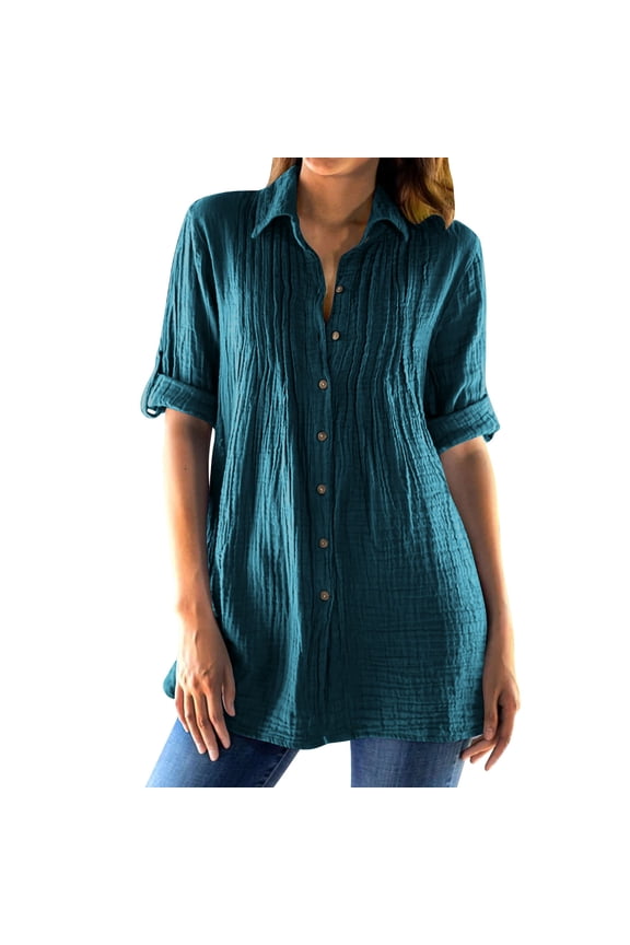 Women's 3/4 Sleeve Button Down Shirts V-Neck Collared Blouse Loose Fall 2025 Tunic Tops Elegant Work Shirts