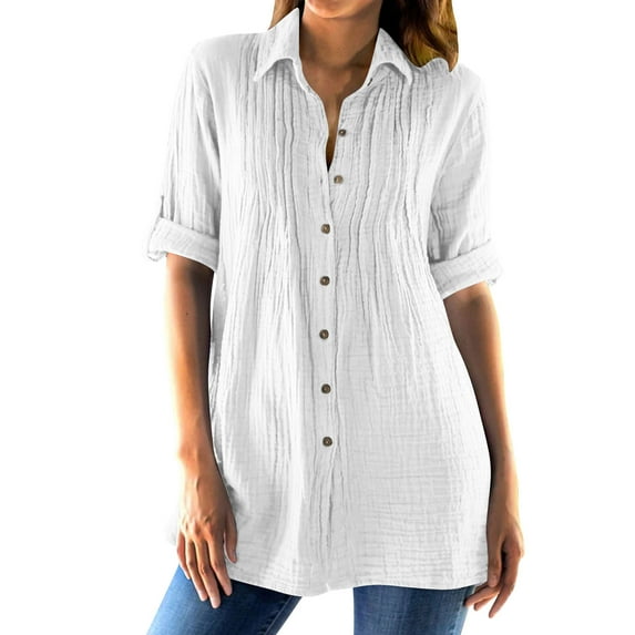 ShiShine Women's 3/4 Sleeve Button Down Shirts V-Neck Collared Blouse Loose Fall 2025 Tunic Tops Elegant Work Shirts