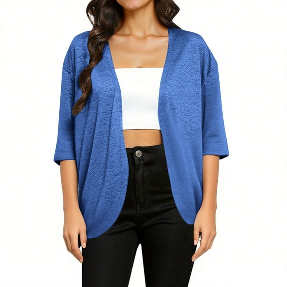 ShiShine Women's 3/4 Sleeve Shrugs Lightweight Open Front Cropped Solid Color Cardigan