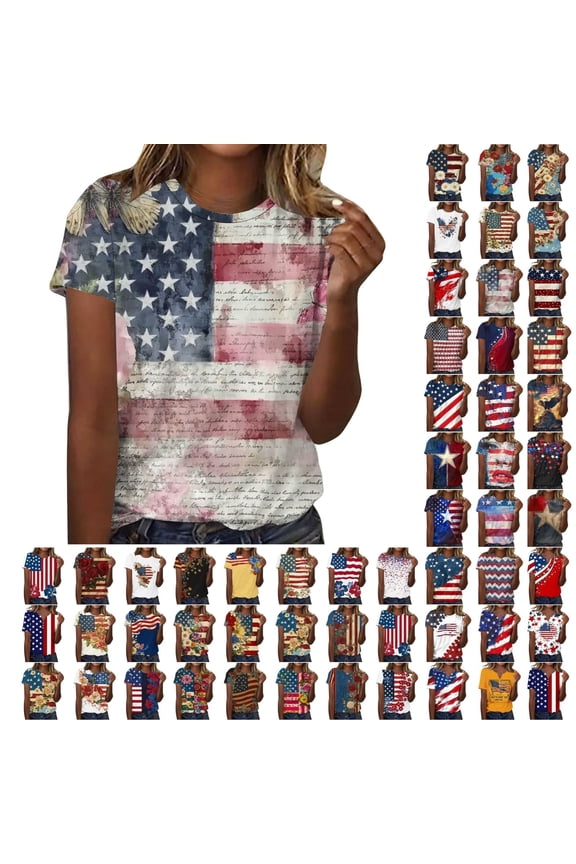 Women's 4th of July Graphic Tee Tops Summer Short Sleeve Crew Neck Shirts Dressy Independence Day Blouses for Women S-3XL