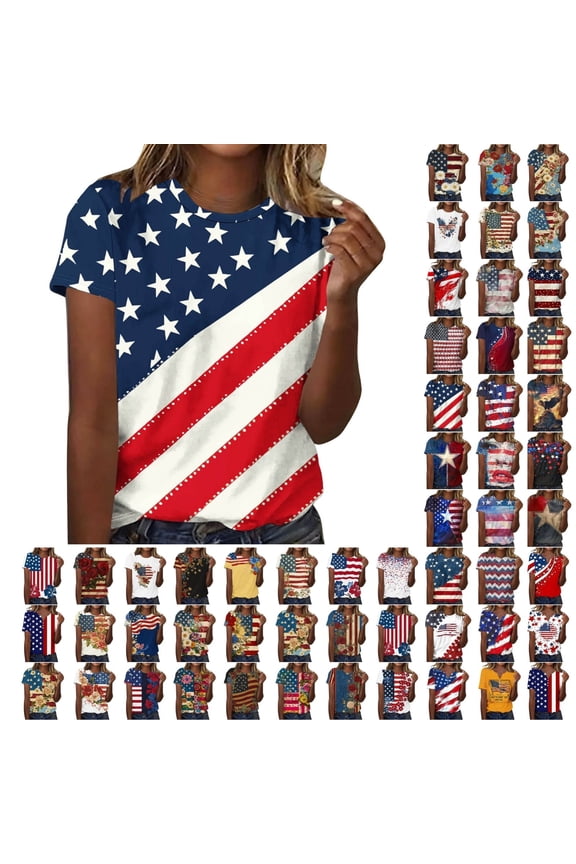 Women's 4th of July Graphic Tee Tops Summer Short Sleeve Crew Neck Shirts Dressy Independence Day Blouses for Women S-3XL