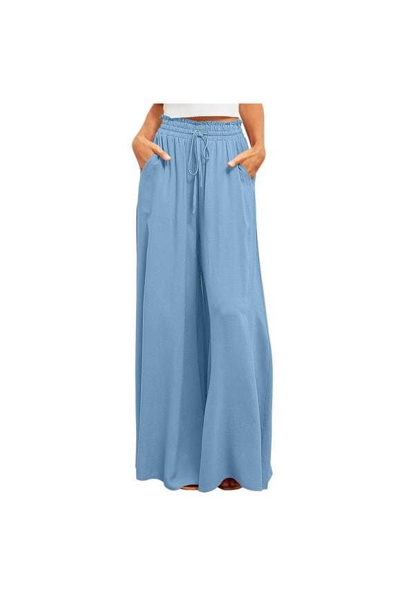 Women's Baggy Pants Flowy Casual Wide Leg Elastic Drawstring High Waisted Skirt Pants Comfy Trousers