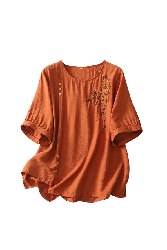 Women's Bohemian Short Sleeve Shirts Summer Loose Crewneck Casual Vintage Embroidered Blouse Tops