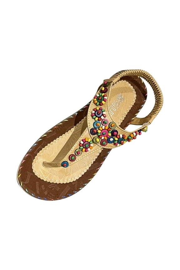 Women's Boho Beaded Thong Sandals Colorful Embellished Flat Sandals with Ankle Strap for Beach Vacation