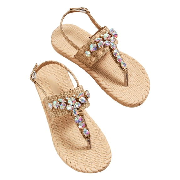 ShiShine Women's Boho Rhinestone Thong Sandals with Adjustable Ankle Strap Woven Fabric Casual Summer Shoes for Beach Vacation
