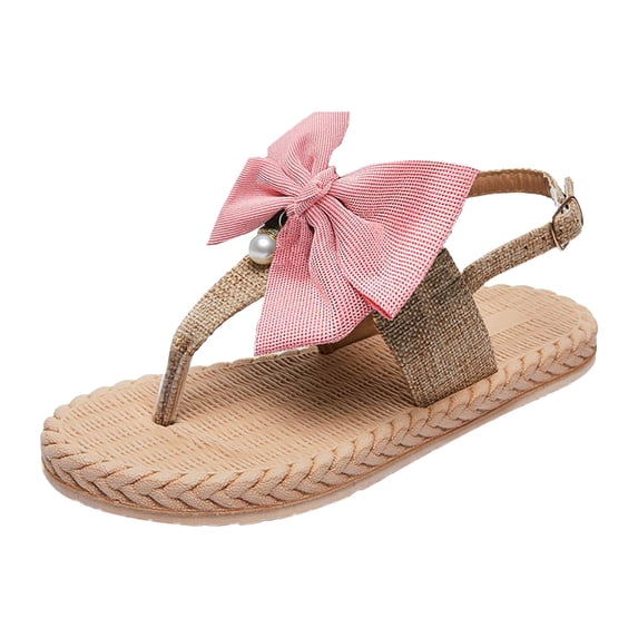 ShiShine Women's Boho Thong Sandals with Bow and Pearl Accent Woven Fabric Adjustable Ankle Strap Casual Shoes for Beach Vacation