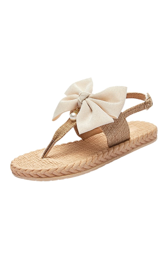 Women's Boho Thong Sandals with Bow and Pearl Accent Woven Fabric Adjustable Ankle Strap Casual Shoes for Beach Vacation