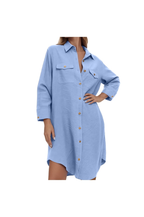 Women's Button Down Shirts Long Sleeve Lapel Collared Smocked Cuffed Oversized Boyfriend Blouses Work Pockets Tops