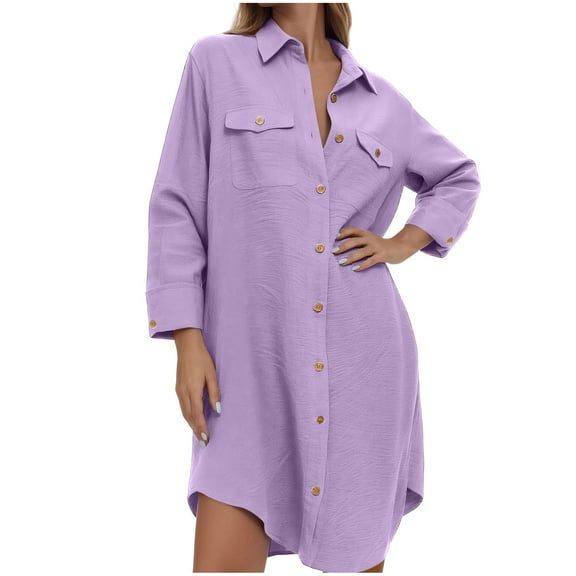 ShiShine Women's Button Down Shirts Long Sleeve Lapel Collared Smocked Cuffed Oversized Boyfriend Blouses Work Pockets Tops
