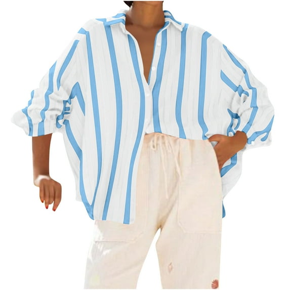 ShiShine Women's Button Down Striped Shirts Drop Shoulder Blouse Long Sleeve Oversized Shirt