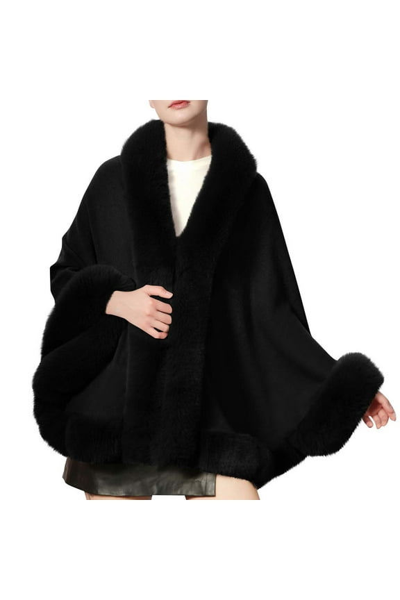 Women's Cape Faux Fur Shawl Wrap with Fur Trim Sleeveless Cardigan Dressy Cloak Fashion Tops Solid Color Coat