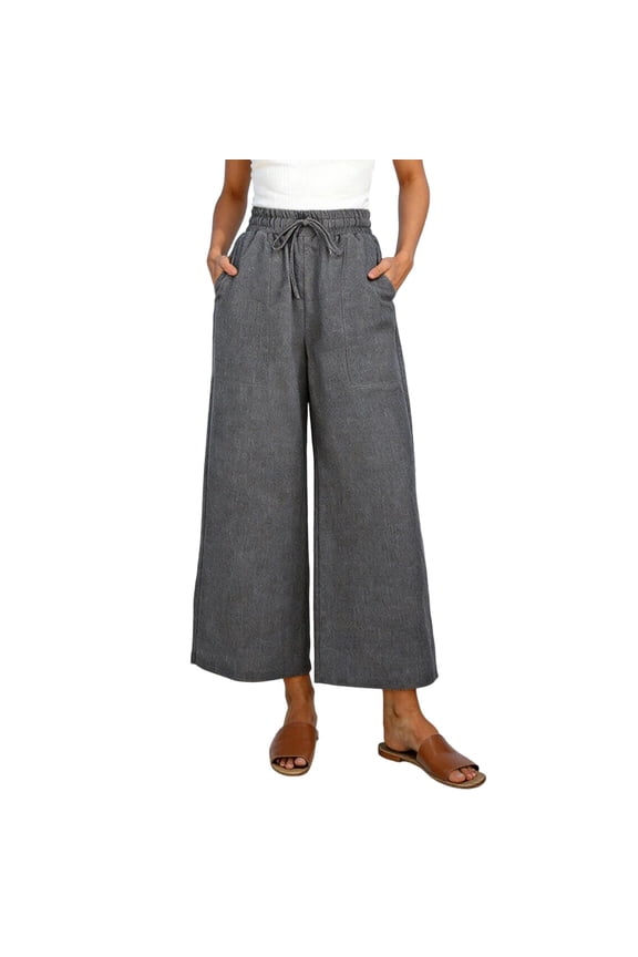 Women's Capris Wide Leg Ruffle High Waisted Pants Casual Drawstring Summer Loose Capri Pants with Pockets