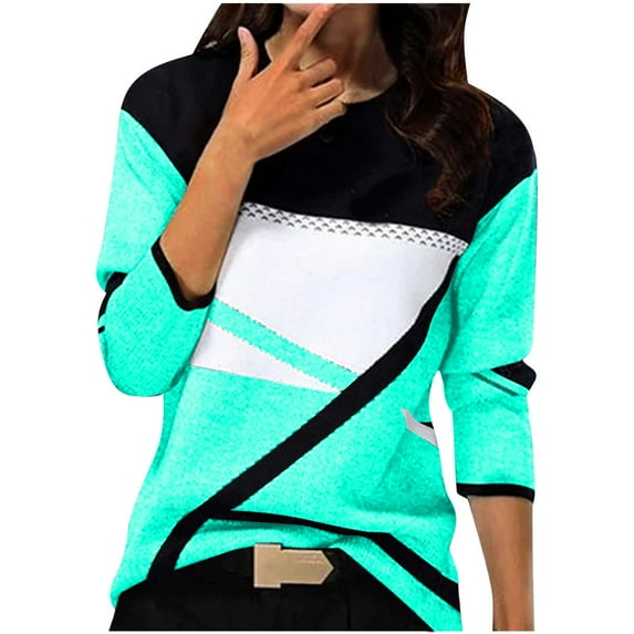ShiShine Women's Casual Color Block Print Long Sleeve Shirt Pullover Tops Crewneck Blouse Top