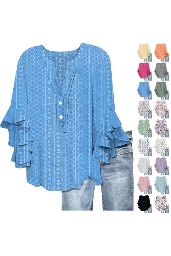 Women's Casual Floral Print Tops Loose V Neck 3/4 Wave Bell Sleeve Flowy Shirts Blouses