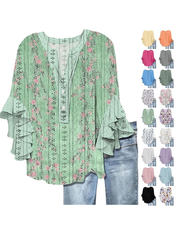 Women's Casual Floral Print Tops Loose V Neck 3/4 Wave Bell Sleeve Flowy Shirts Blouses