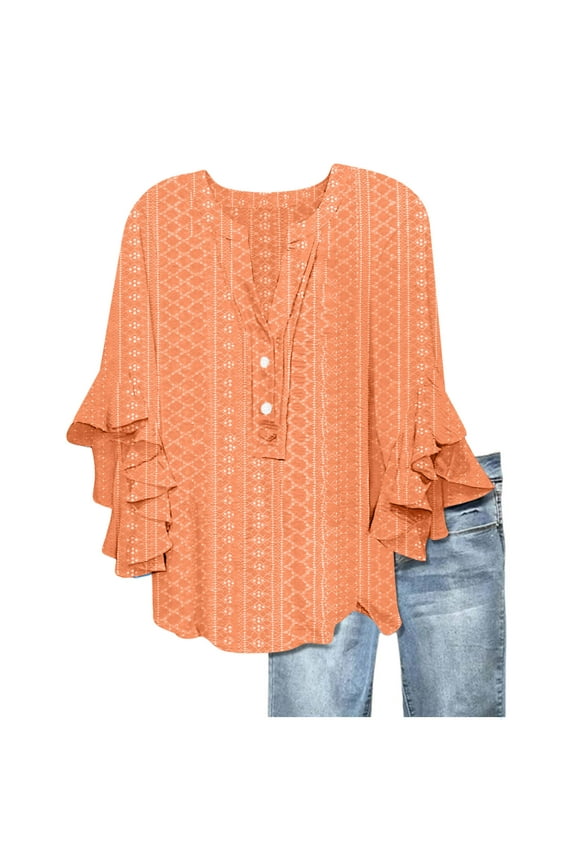 Women's Casual Floral Print Tops Loose V Neck 3/4 Wave Bell Sleeve Flowy Shirts Blouses