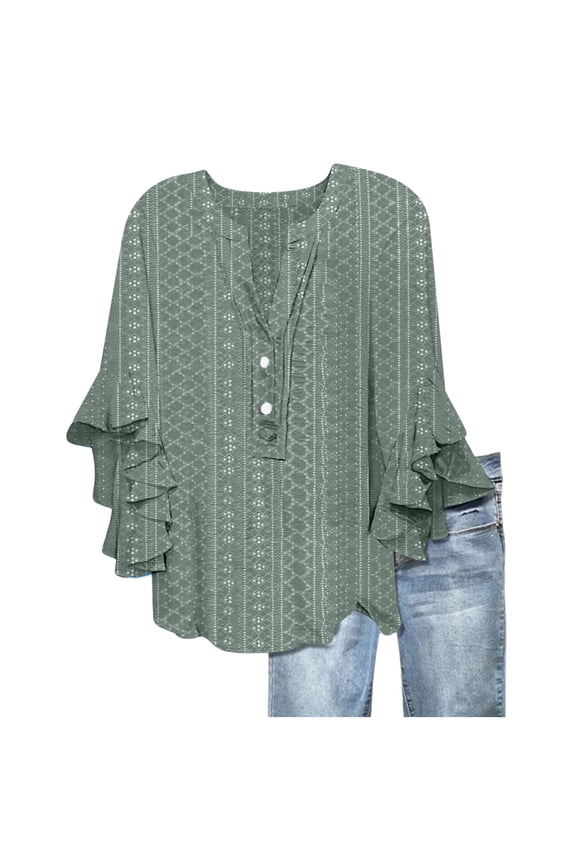 Women's Casual Floral Print Tops Loose V Neck 3/4 Wave Bell Sleeve Flowy Shirts Blouses