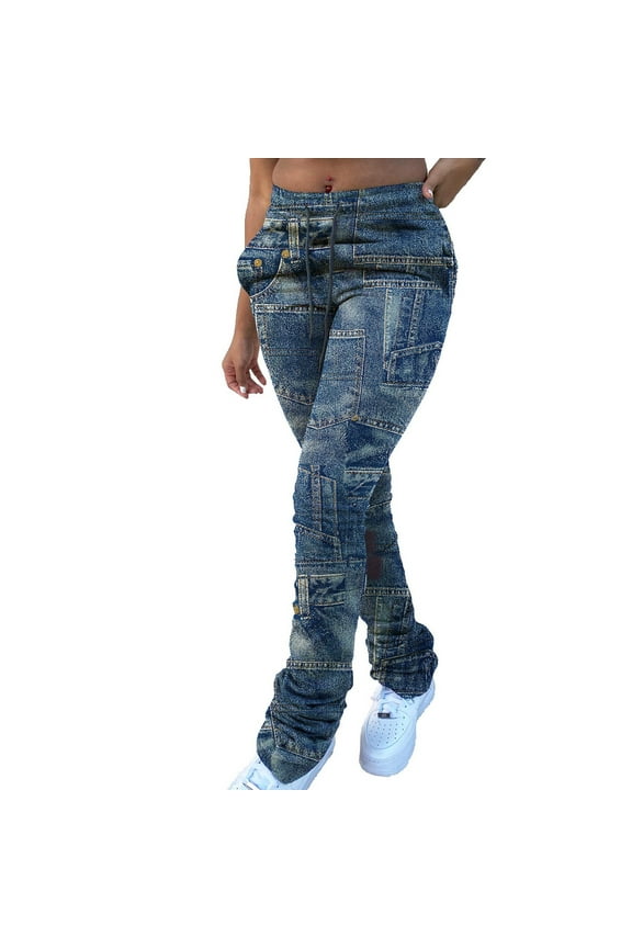 Women's Casual Jeans Print Pants High Waist Drawstring Stacked Vintage Stretch Trousers