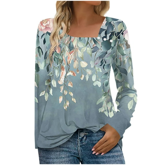 ShiShine Women's Casual Long Sleeve T-Shirts Round Neck Cute Floral Printed Tops Basic Blouses Business Work Tee Top