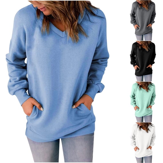 QINGFSAP Women's Casual Long Sleeve V Neck Sweatshirts Cute Loose Fit Lightweight Pullover Tops with Pockets