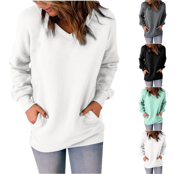 QINGFSAP Women's Casual Long Sleeve V Neck Sweatshirts Cute Loose Fit Lightweight Pullover Tops with Pockets