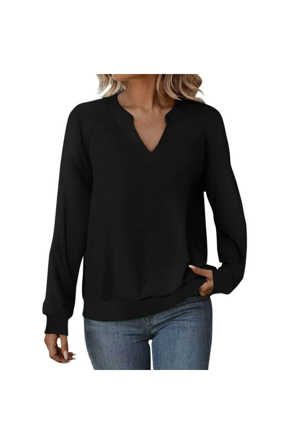 Women's Casual Long Sleeve V Neck Sweatshirts Cute Loose Fit Lightweight Pullover Tops