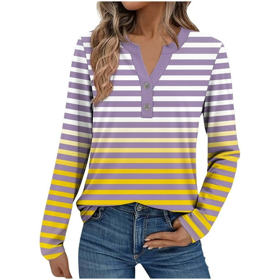 ShiShine Women's Casual Printed Striped V-Neck Long Sleeve T-shirt Blouse Loose fit Button Tops