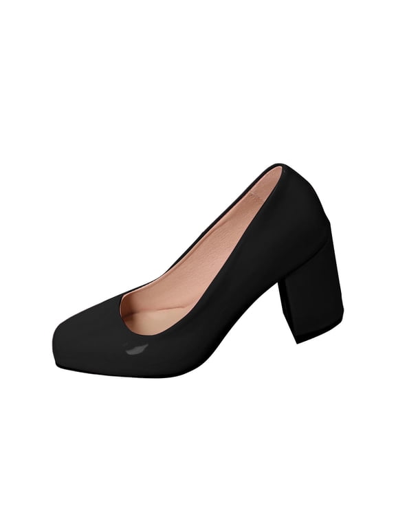 Women's Classic Round-Toe Platform Pumps High Block Heel Comfortable Closed Toe Dress Pumps Shoes