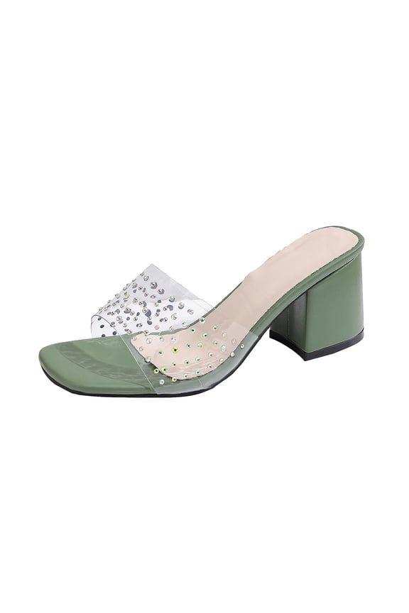 Women's Clear Rhinestones Square Open Toe Block Heeled Sandals Dressy Slip On Casual Porm Wedding Pumps Shoes
