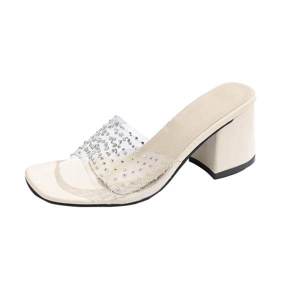 ShiShine Women's Clear Rhinestones Square Open Toe Block Heeled Sandals Dressy Slip On Casual Porm Wedding Pumps Shoes