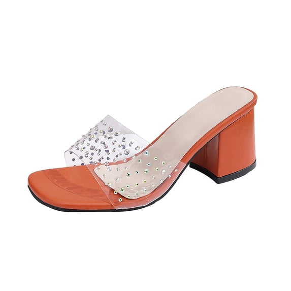 ShiShine Women's Clear Rhinestones Square Open Toe Block Heeled Sandals Dressy Slip On Casual Porm Wedding Pumps Shoes