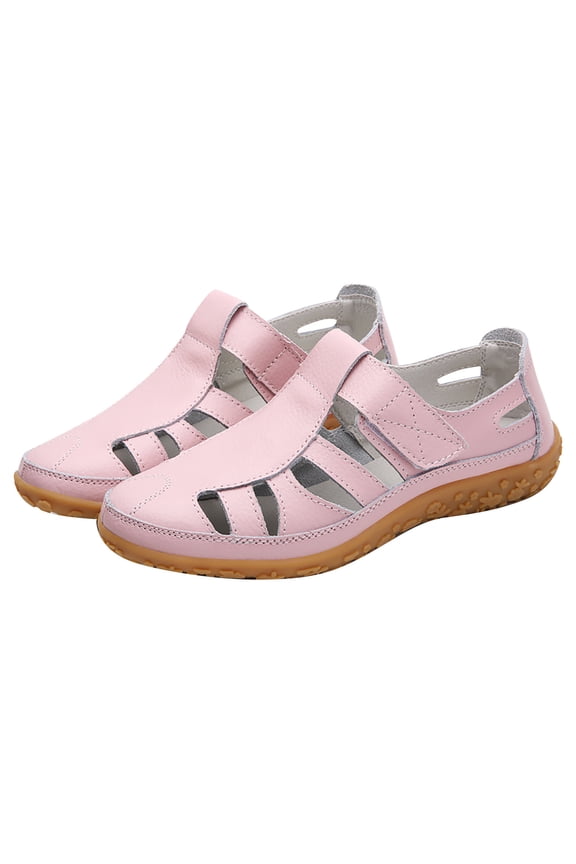 Women's Closed Toe Cutout Flat Sandals with Hook and Loop Closure Comfort Shoes for Daily Commute