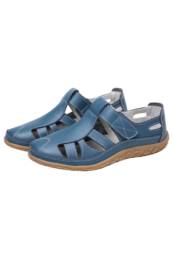Women's Closed Toe Cutout Flat Sandals with Hook and Loop Closure Comfort Shoes for Daily Commute