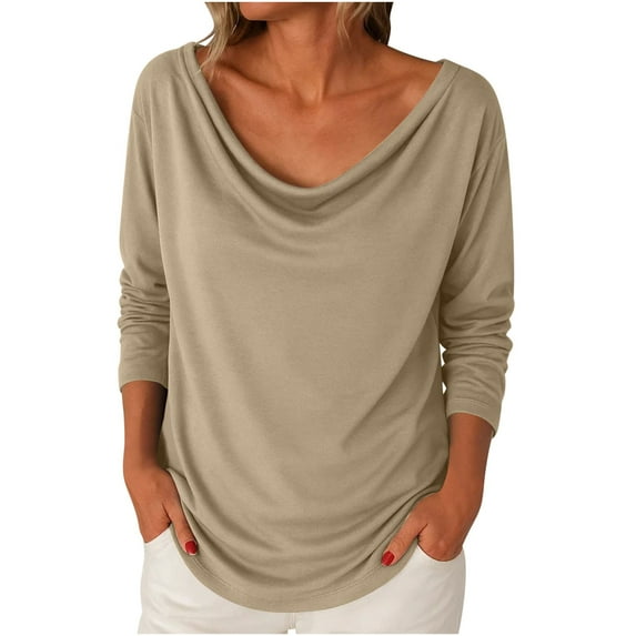 ShiShine Women's Cowl Neck Ruched Tops Draped Front Long Sleeve Casual Loose Fit Solid Basic Shirts Fall Tunic Blouse